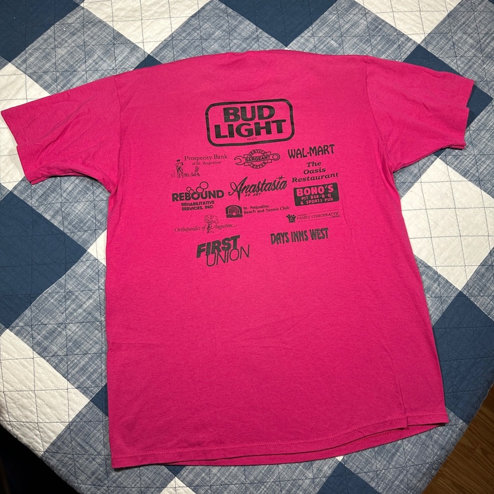 Vintage 1992 Bud Light Twilight Lighthouse Run T Shirt Pink - Picture 3 of 7